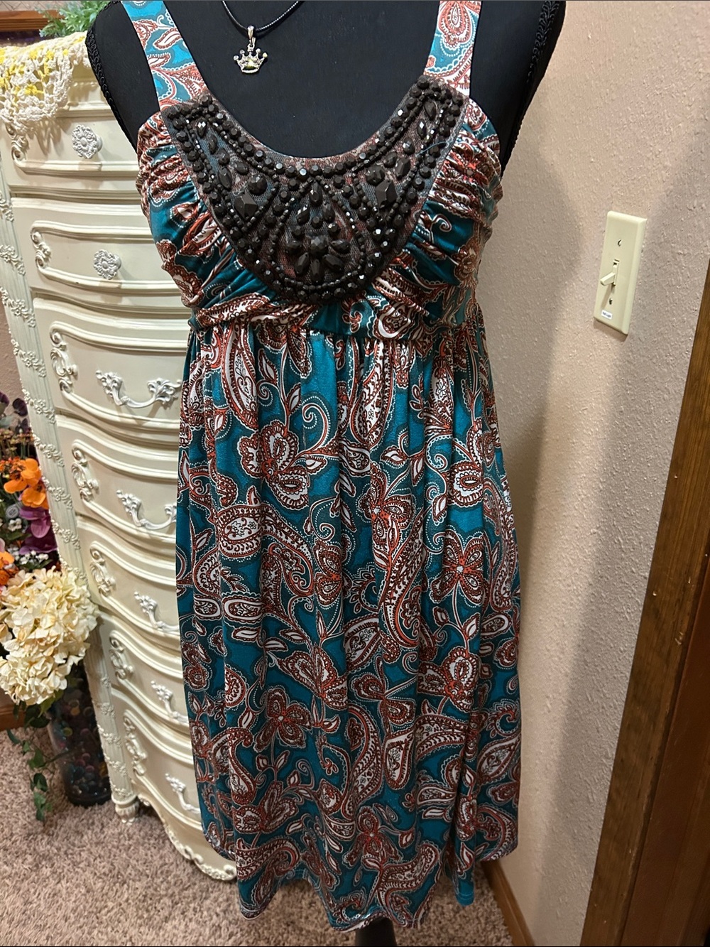 Candie's Teal and Rust Paisley Midi Dress w/beaded bodice EXCELLENT CONDITION